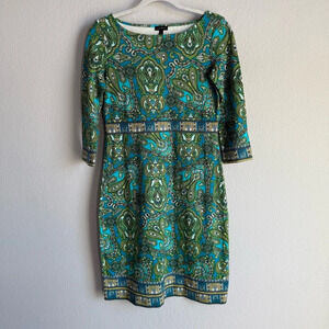 Talbots Womens Size 2 Green Turquoise Paisley Knit 3/4 Sleeve Midi Dress Stretch